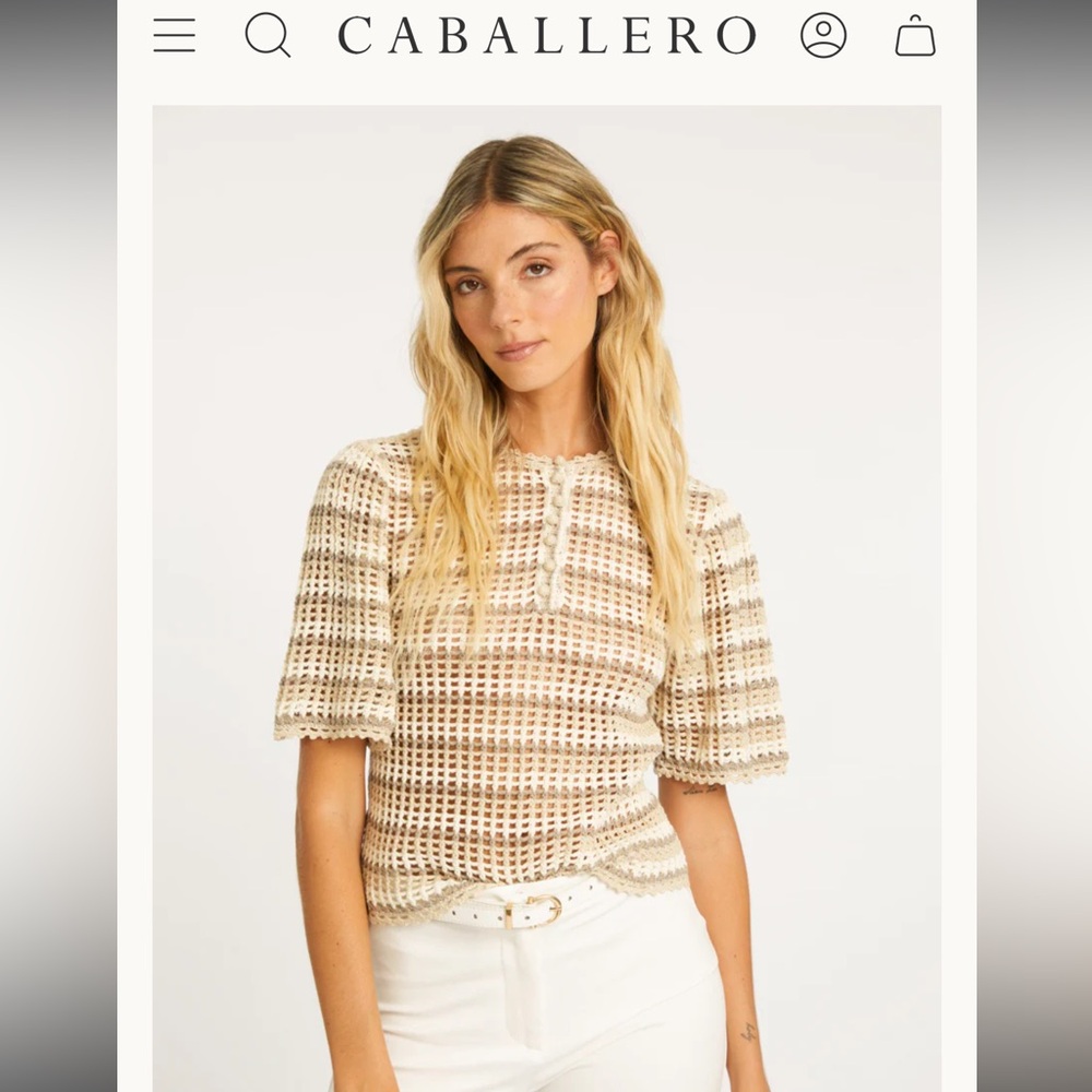 Caballero Agata Sweater NEW Neutral Striped Crochet Open Knit Cotton Top L Boho